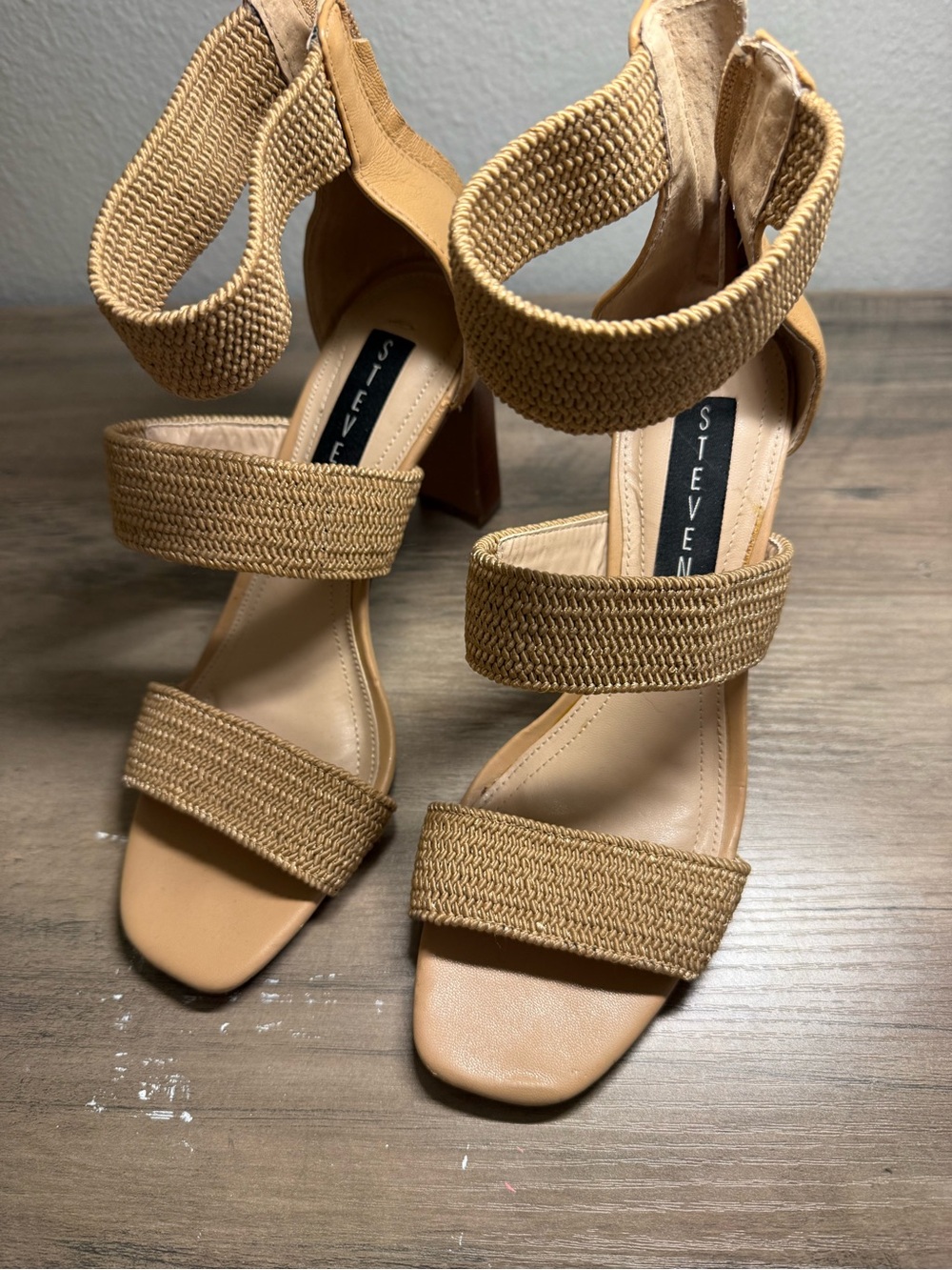 Steven By Steve Madden Tan Woven Triple-Strap Block Heels